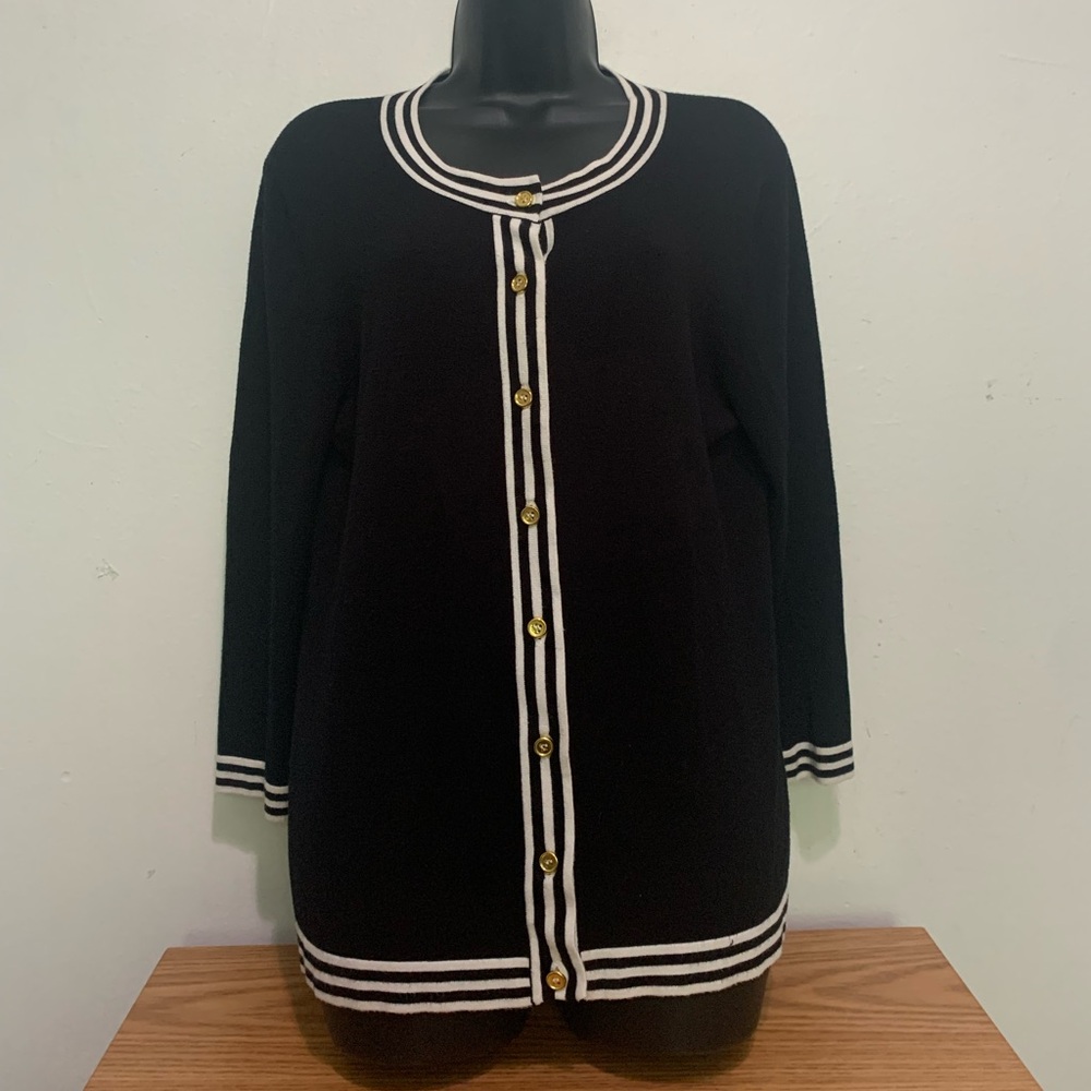 Cable & Gauge Black Tight Knit Cardigan with White accents